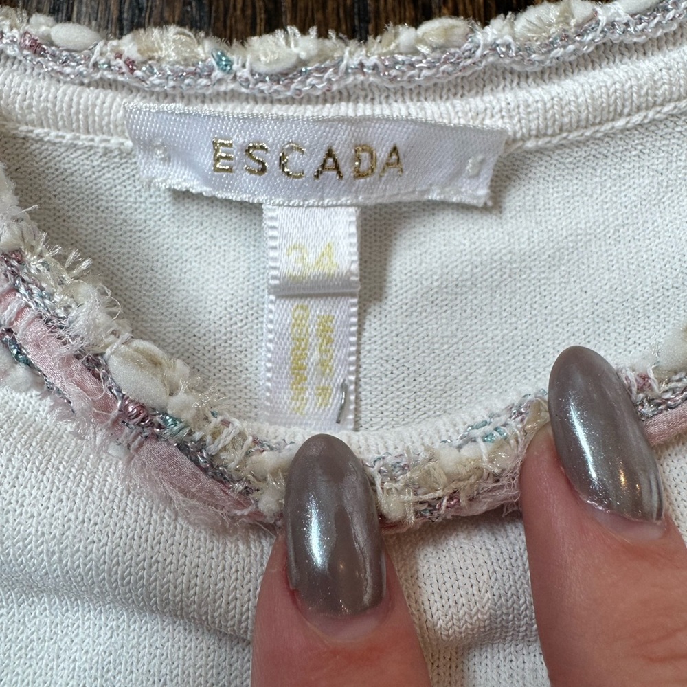 Escada Womens Tank Top Size Small Knit Ribbon Bow Pink Rhinestone White Cream - Picture 2 of 5